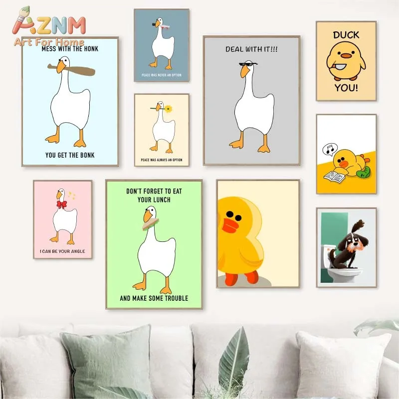 AZNM Funny Goose & Duck Meme Canvas Wall Art, Humorous Sarcastic Quote Print, Cute Game Inspired Room Decor