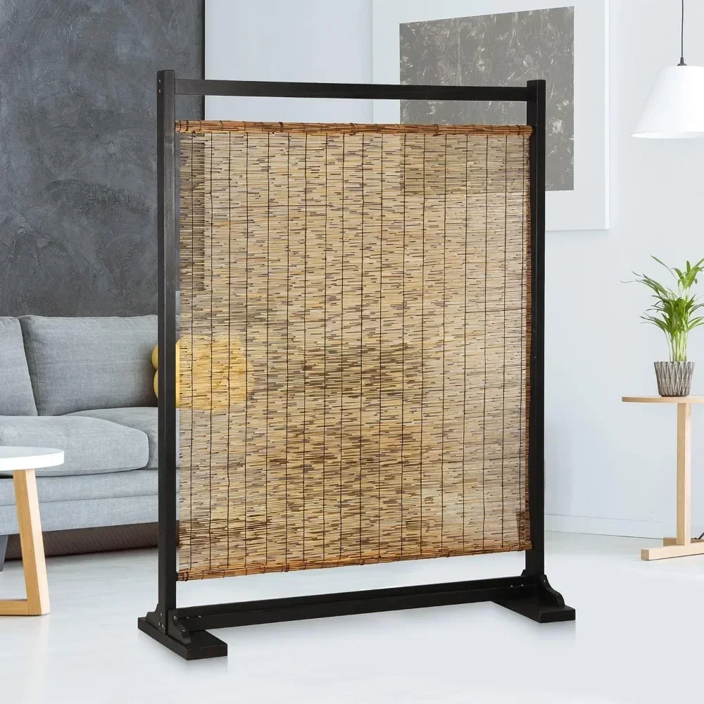 Bureau Partitie Bewegende Grote Semi-Private Riet Enkel Paneel Privacy Scherm Scheidingswand Met Klassiek Zwart Houten Frame Kantoor Laag