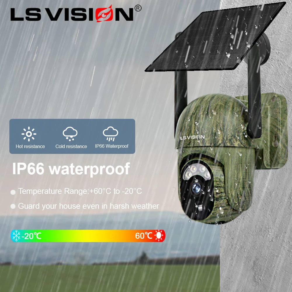 LS VISION 4MP Camouflage Solar Surveillance Camera Hunting Monitor Night Vision Animal Human Detection IP Camera Wi-Fi/4G CCTV