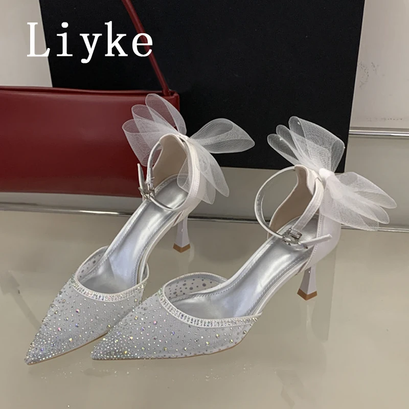 

Модные женские туфли-лодочки Liyke с сетчатым верхом, бантом и ремешком, сексуальные туфли с острым носком, украшенные кристаллами и стразами, на высоком каблуке, для вечеринок и выпускных, размер 41