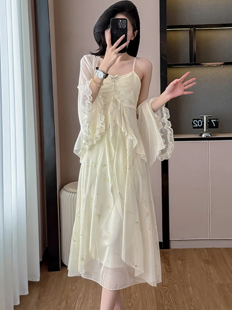 2025 Estate bianco stampa increspato chic fiocco fionda vestito + nappa top camicie due pezzi set donna moda coreana elegante abito casual