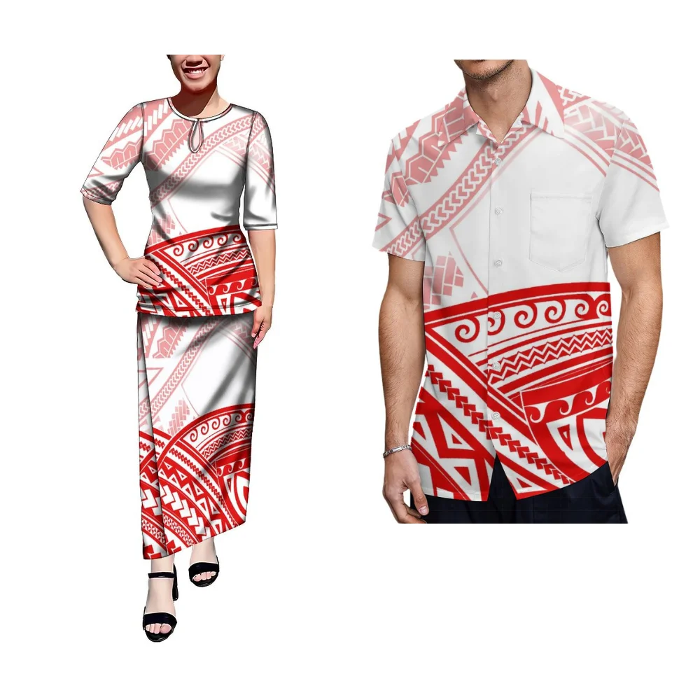 Verão Manga Curta Novo Conjunto Saia Samoa Hibiscus Padrão Estrada Personalizado Mulheres Puletasi Camisa Masculina Polinésia Casal Roupas