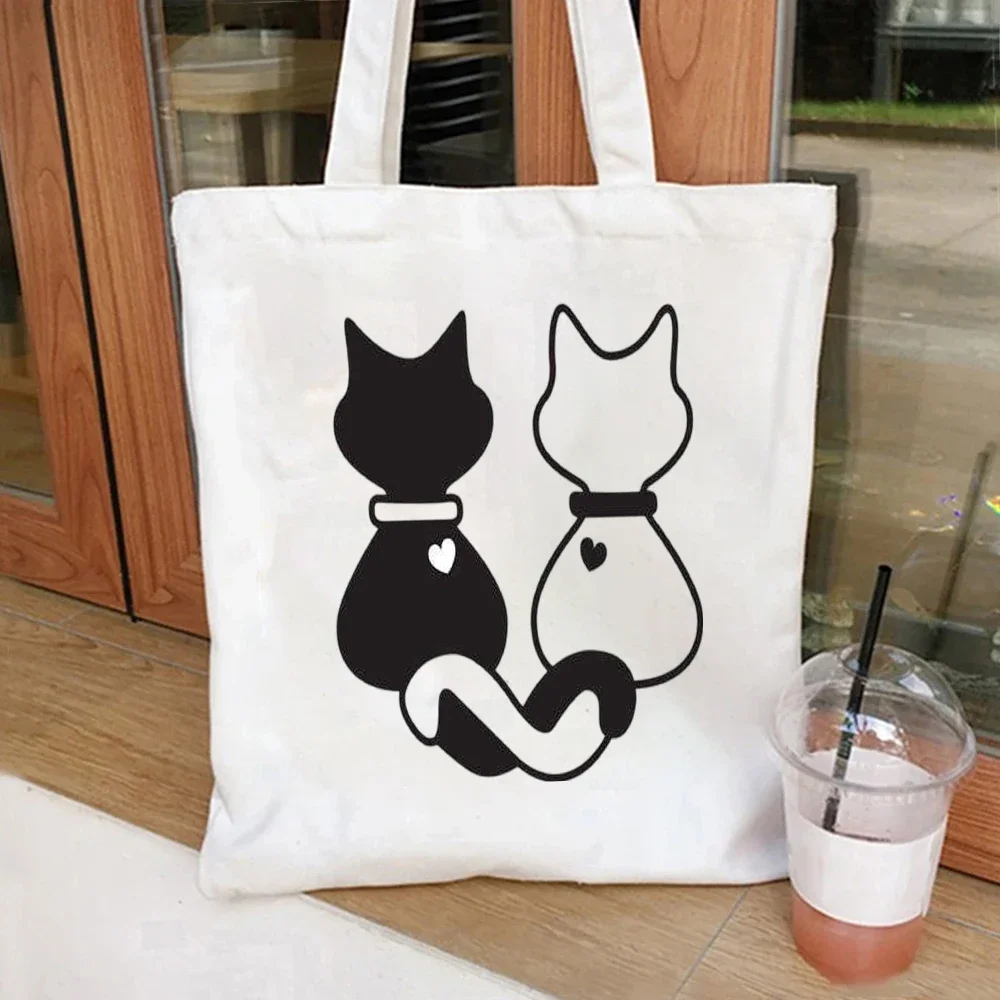 Dog and Cat Canvas Tote Bag Minimalist Pet Print Handbag For Pet Lover Daily Casual Bag for Daily Shopping,Commute,Travel