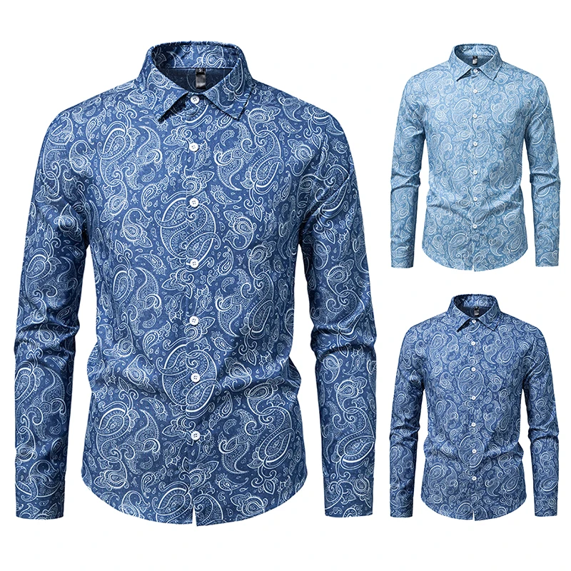 Men Long Sleeve Shirts Cashew Print Single Breasted Turndown Collar Mens Dress Shirts Denim Male Chemise Hemd Homme Shirt S22