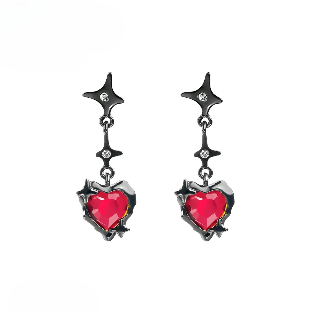 Europe and America Gun Black Heart-shaped Red Zircon Earrings UNISEX Rock and Roll Music Festival Party Jewelry Earrings