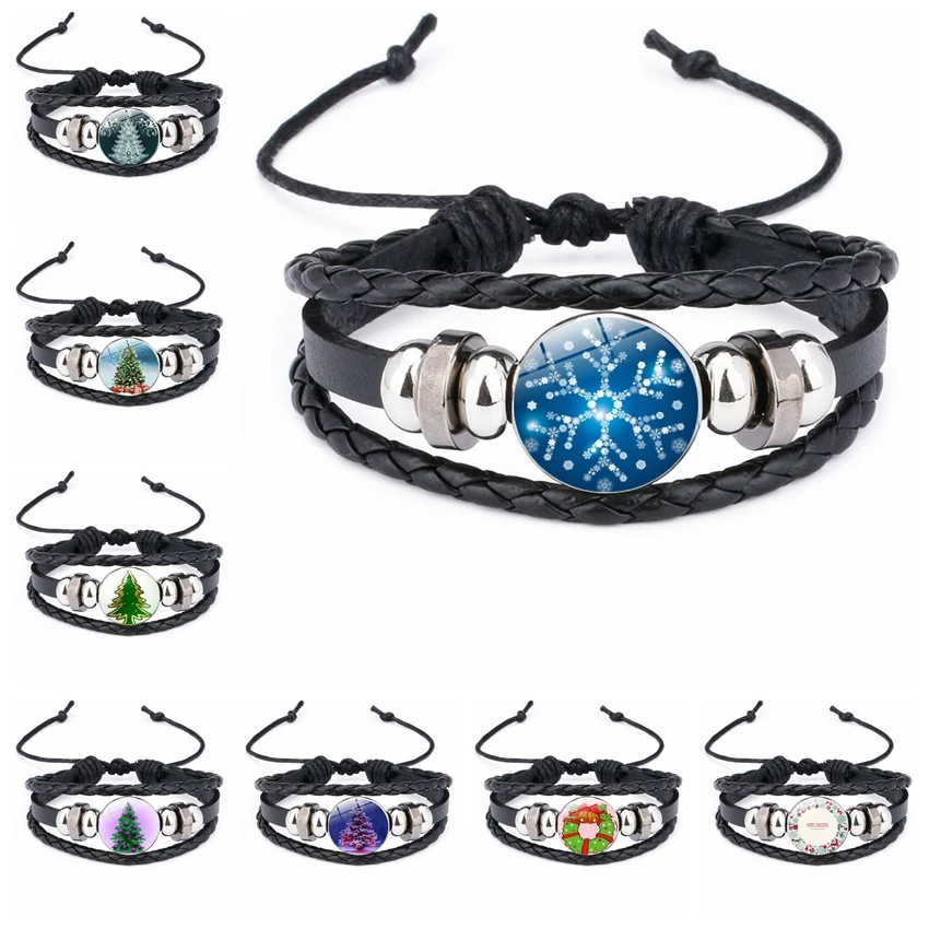 Classic Jewelry Metal Glass Pendant Leather Bracelet Christmas Snowflake Design Bracelet Unisex Gifts for Family or Friends