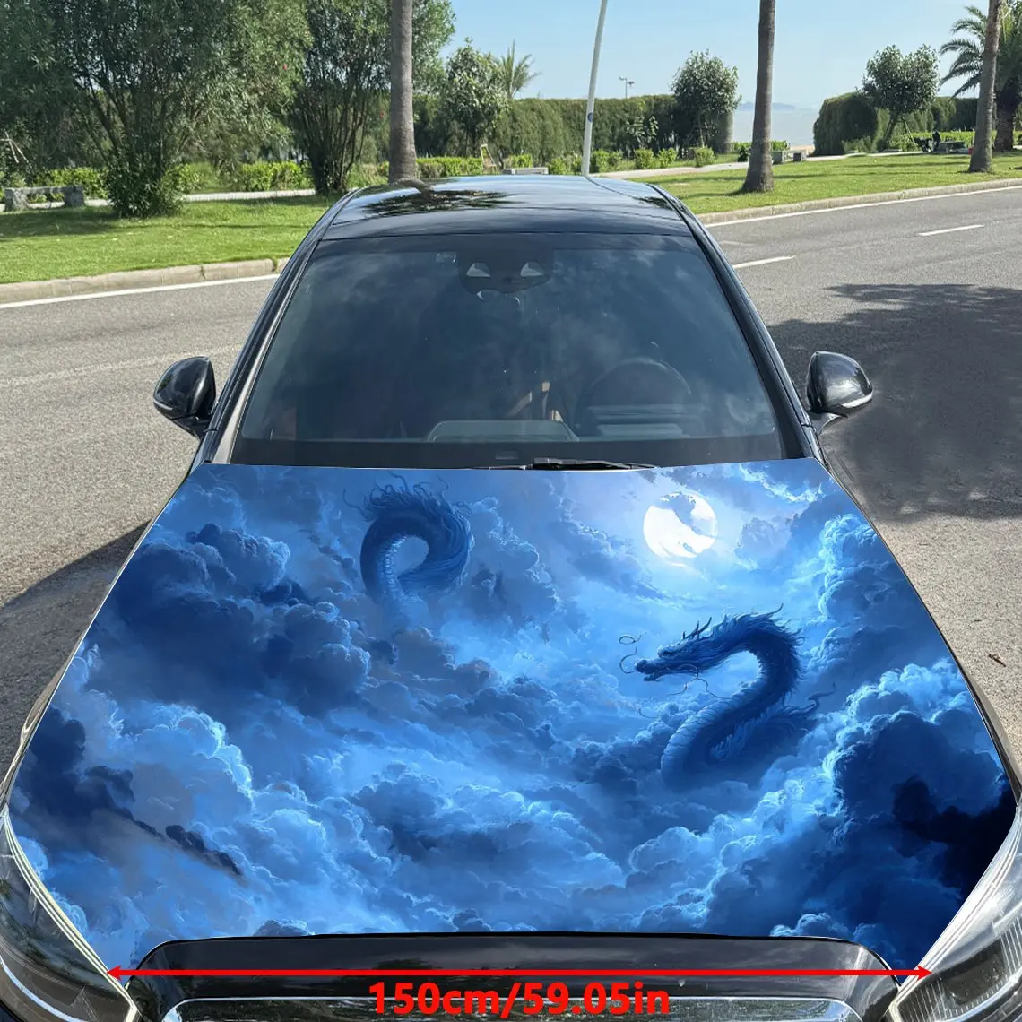 The Blue Dragon Under The Moon Car Hood Vinyl Wraps, PVC Waterproof Car Bonnet Decals, Self-Adhesive Scratch-Resistant Stickers