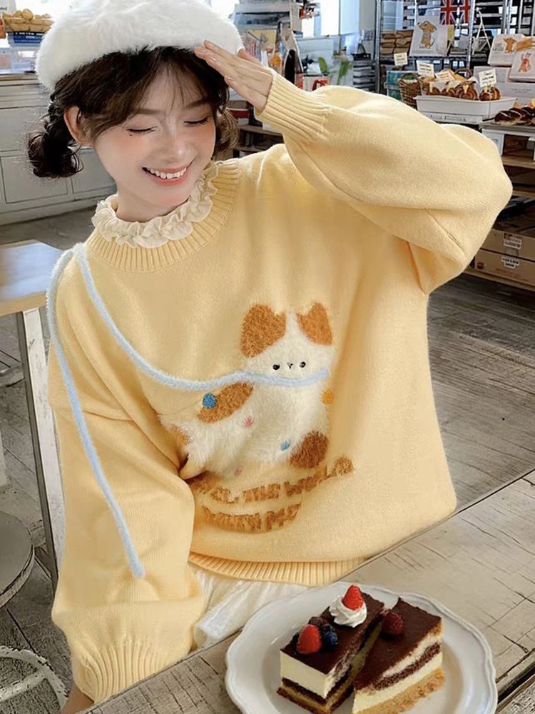 Sweet Cartoon Chic Sweaters Women Cute Long Sleeve Yellow Knitted Jumper Casual Preppy Style O Neck Female Japan Kawaii Tops New