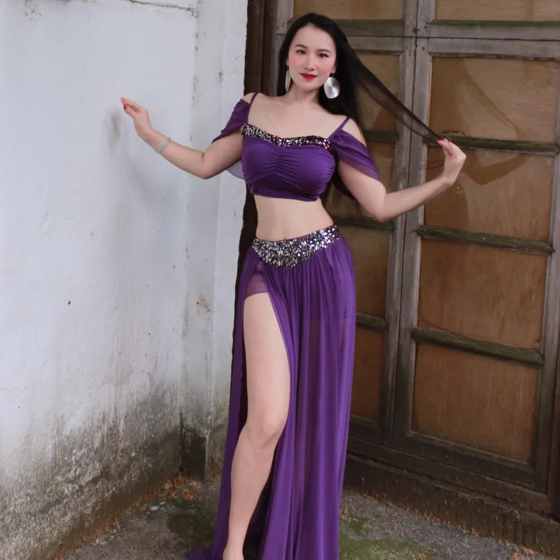 Aangepaste buikdanskostuums paarse prestatieset sexy klasse jurk groot formaat Indiase kleding dames exotische danskleding