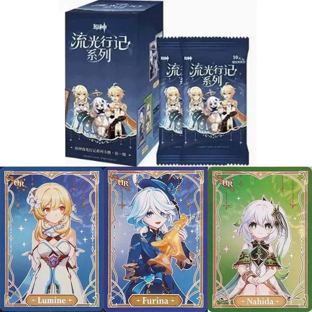 genuine-genshin-impact-card-flowing-light-travelogue-series-booster-pack-game-peripheral-collectible-cards-toys-gifts