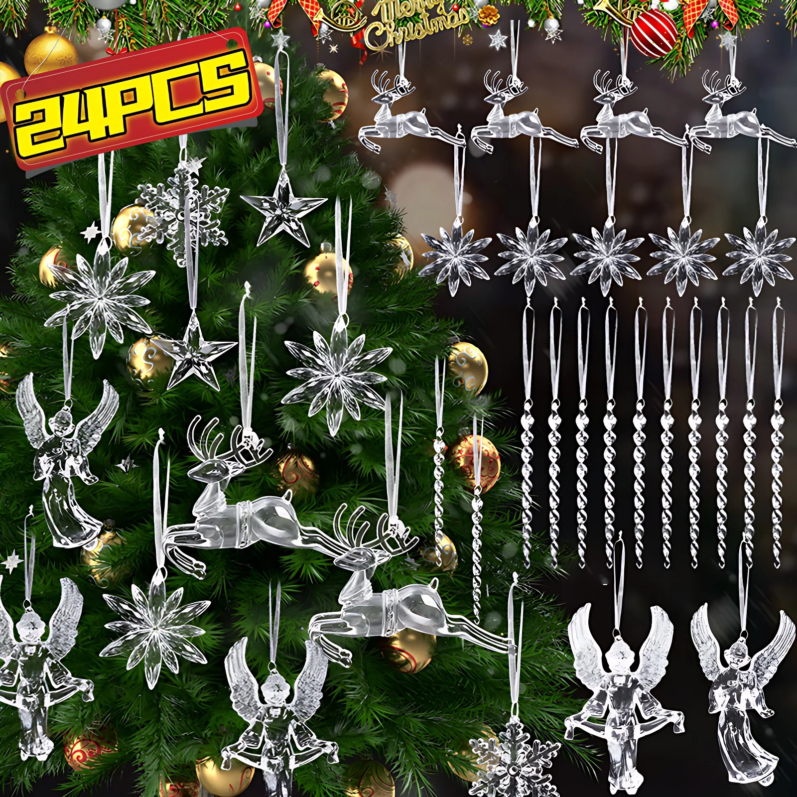 24/2 stücke Kristall Klar Schneeflocke Weihnachten Baum Anhänger Eiszapfen Dekorationen Für Urlaub Winter Party Transparent Hängen Ornament – Detail 5