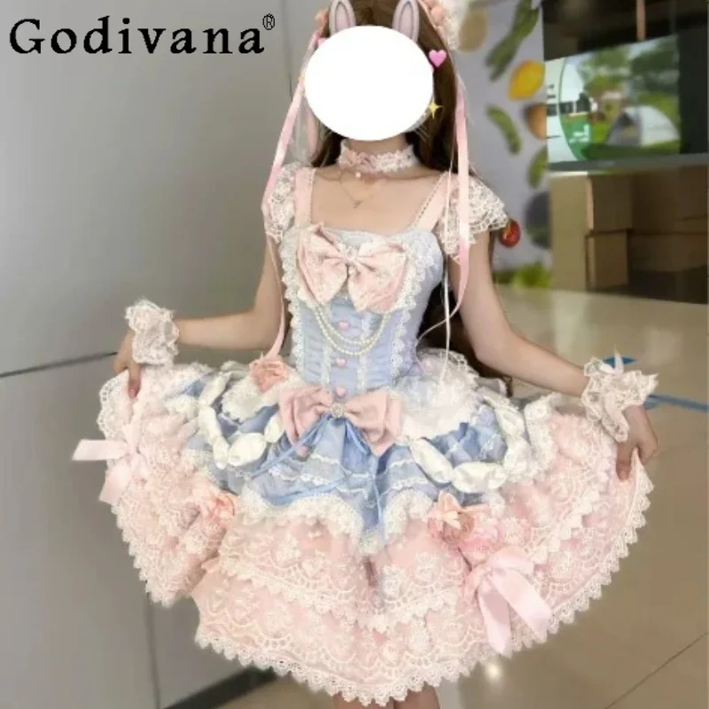 New Lolita Candy Jsk Fairy Tale Princess Square Collar Suspender Dress Fashion Pink Sweet Girl Age Reduction Cake Fairy Dresses