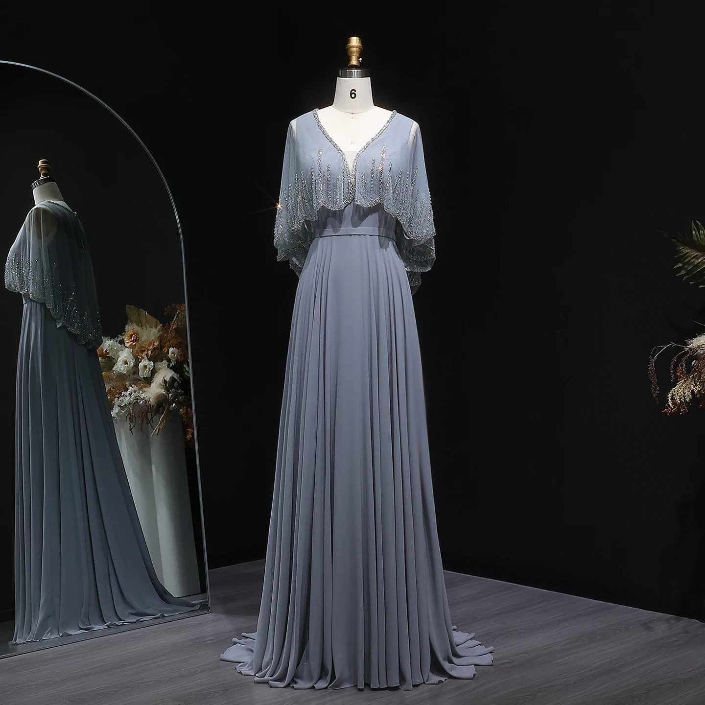 

Sharon Said Elegant Gray Pleated Evening Dress with Crystal Cape Sleeves Short for Women Wedding Party Gowns SF327 Customized