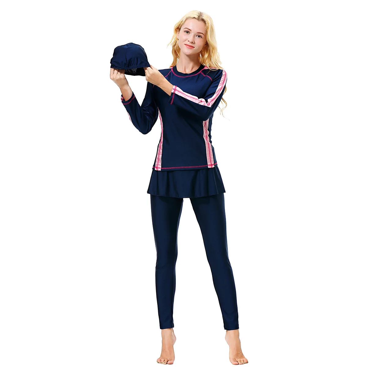Striped Side Skirted Burkini Long Sleeve Swim Cap UV Protection Muslim Modest Full Length Pants Beach Pool Conservative Swimsuit