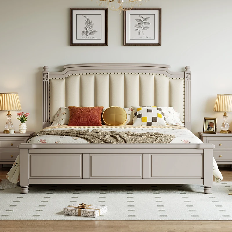 Modern light luxury high sense Morandi gray solid wood soft bag leather American master bedroom bed 1.8 meters double bed