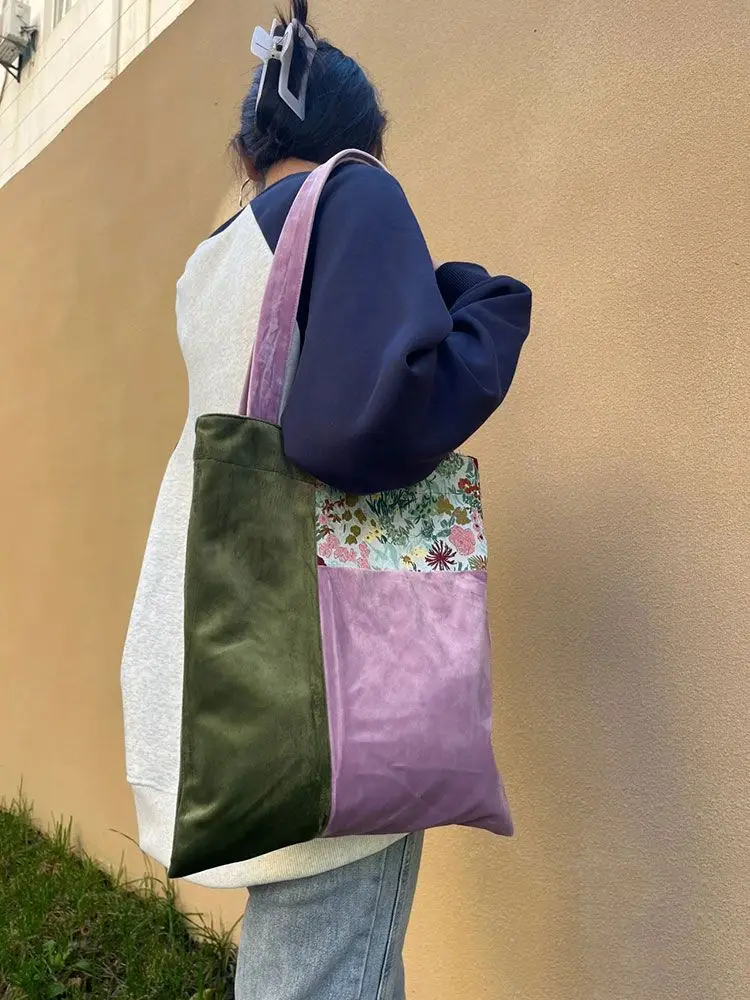 Flower Patchwork Velvet Vintage Casual Handbag Tote Bags Women Commute Shoulder Bag
