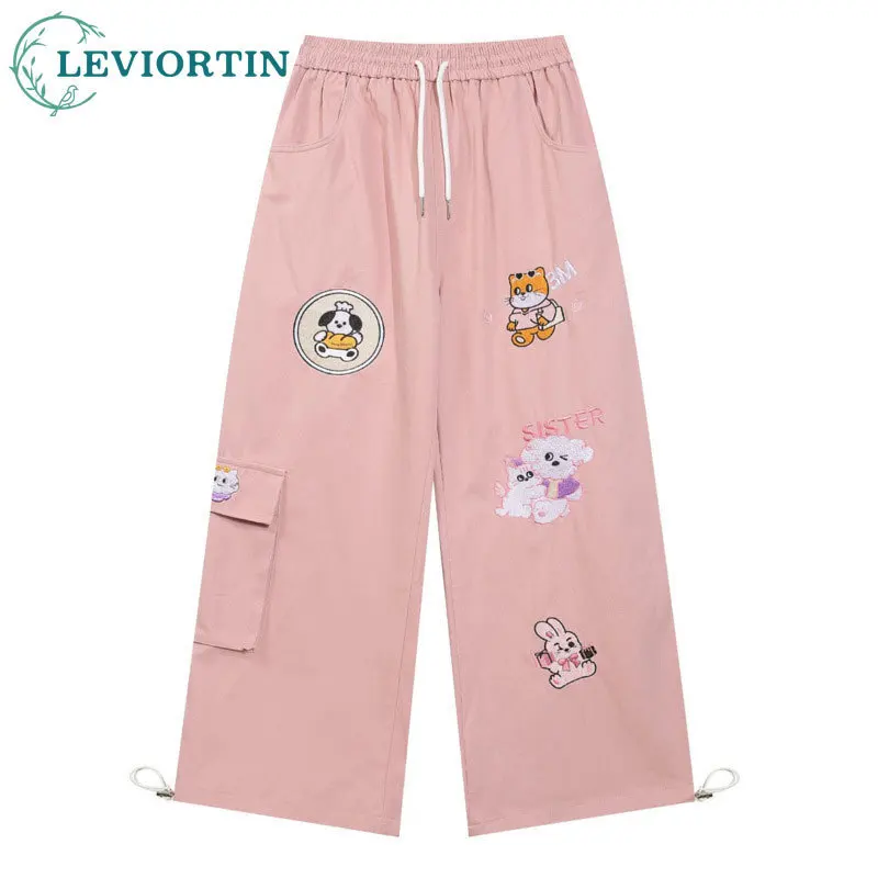 2025 autumn trend couple loose wide leg straight leg pants American retro cartoon large pocket casual pants for men and women