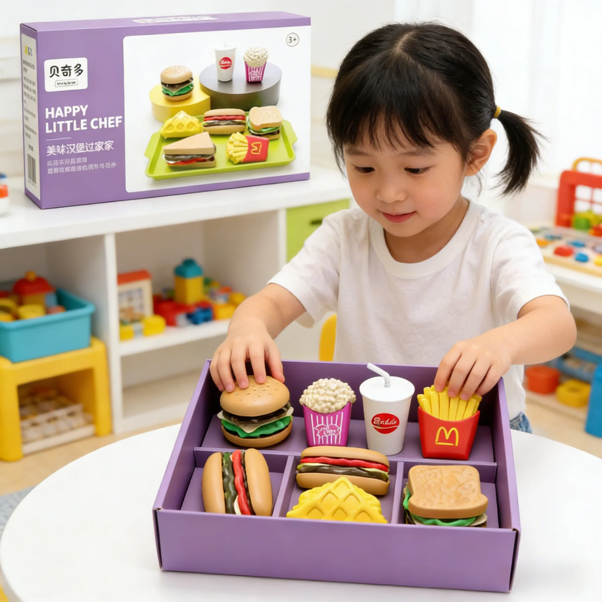 Zabawki do gotowania Montessori: Miniaturowy zestaw burgerów, kanapek i frytek, edukacyjna zabawka rozwijająca motorykę małą, prezent do zabawy w kuchnię dla dzieci.