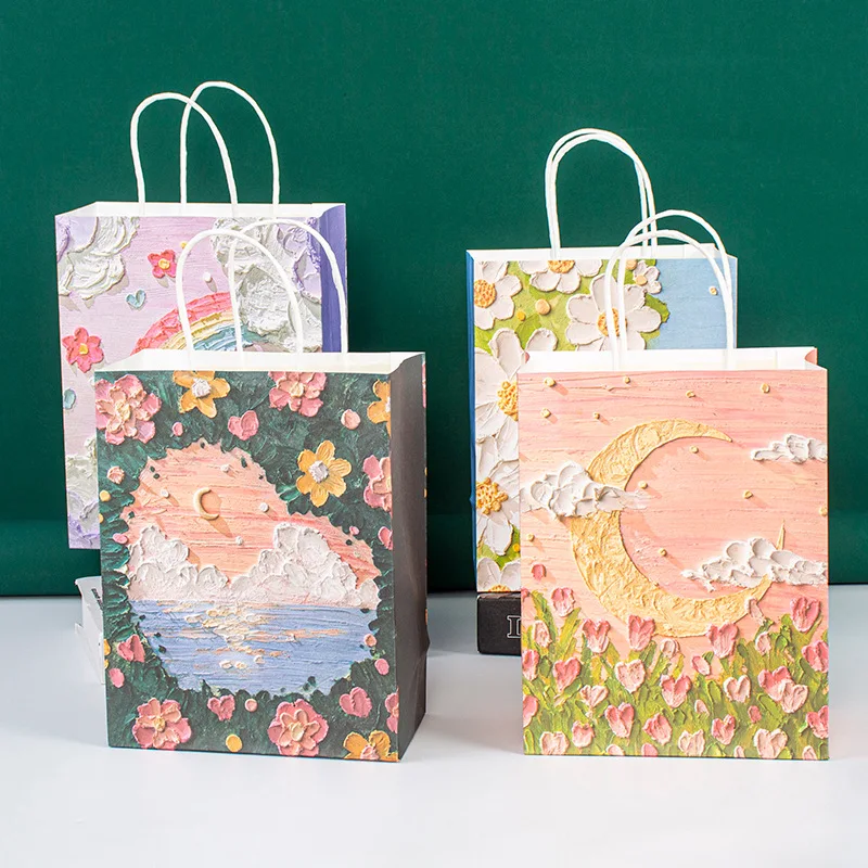 5pcs Flower Gift Pakcaging Bag Oil Painting Paper Bag Valentine's Day Birthday Wedding Party Favor Bag Clothes Store Handbag