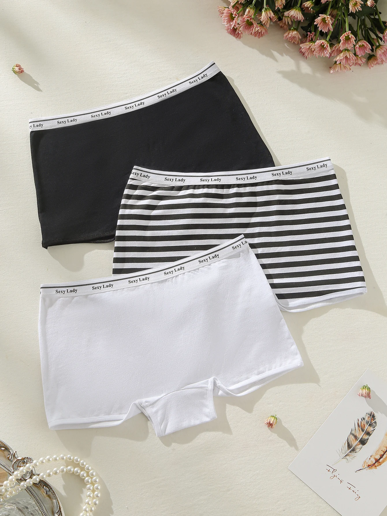 3-Pack Random Color Letter Waist Women's Flat Angle Pants, Anti Glare and Breathable