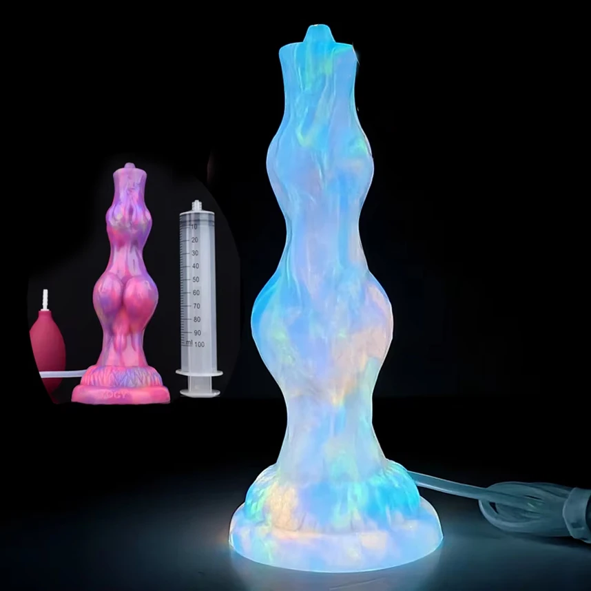 FAAK Silicone Luminous Squirting Penis Fantasy wolf Knot Ejaculation Dildo Anal Beads Glowing in Dark Sex Toys For Women