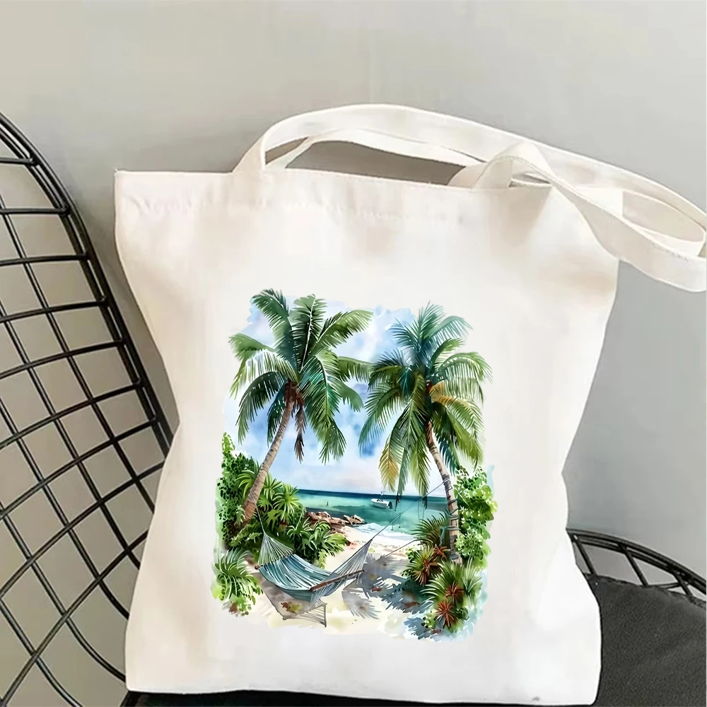 Tropical Beach Canvas Tote Bag Eco Friendly Watercolor Palm Tree Hammock Print For Travel Picnics Daily use Yoga Bag