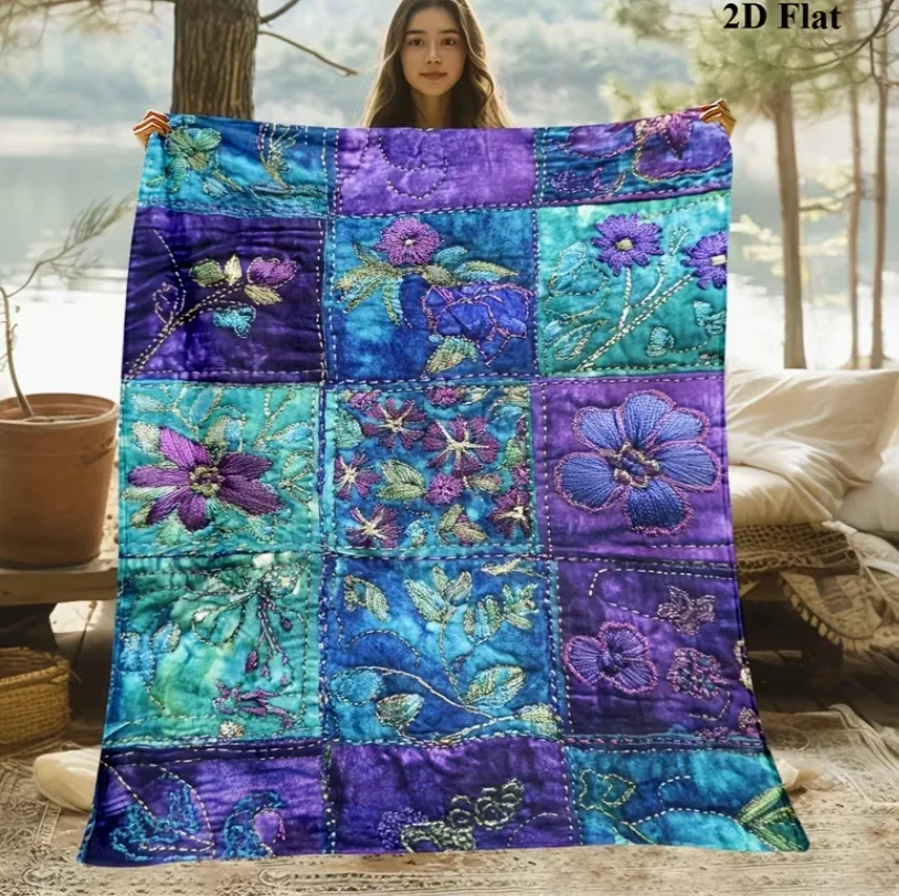 Soft Warm Flannel Patchwork Throw Blanket - Purple Floral And Checkerboard Bed Cover All-Season Sofa Bed Travel 2D Flat Style