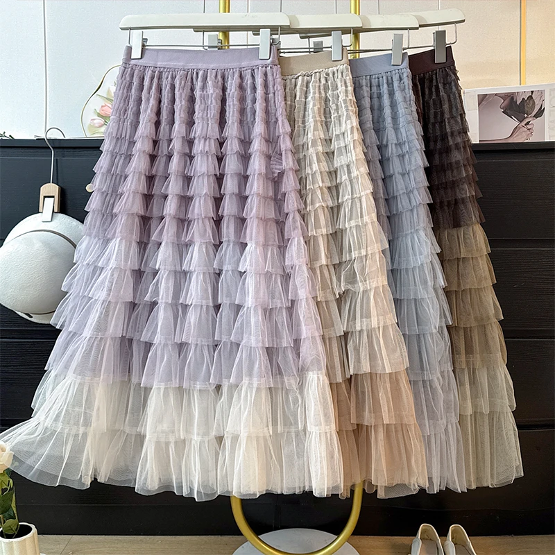 レディース フレンチスタイル メッシュスカート 2025 秋新作 個性的デザイン ハイウエストスカート おしゃれ シック Aライン グラデーションカラースカート