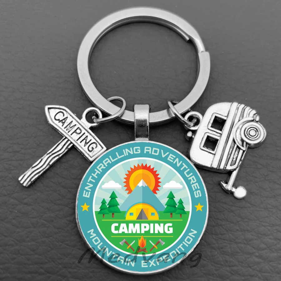 2024 Camping Adventure Logo Keychain RV Camping Site Glass Keychain Mountain Camping Enthusiasts Souvenir Bonfire Evening Gift