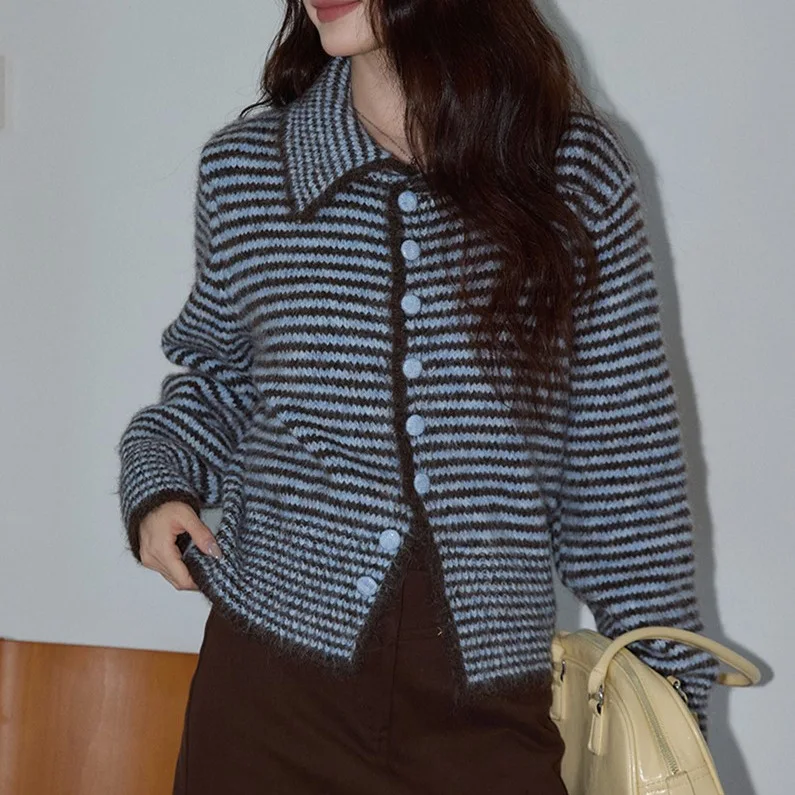 

Women Cardigan Sweaters Coats Striped Jackets Jumpers Y2k Streetwear Elegant Knit Turn Down Collar Coat Work Autumn Winter