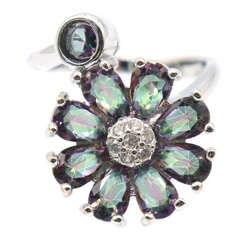 

6g 925 SOLID STERLING SILVER Rings Flowers Shape Green Amethyst Fire Rainbow Mystical Topaz Violet Topaz Many Sizes 5-10