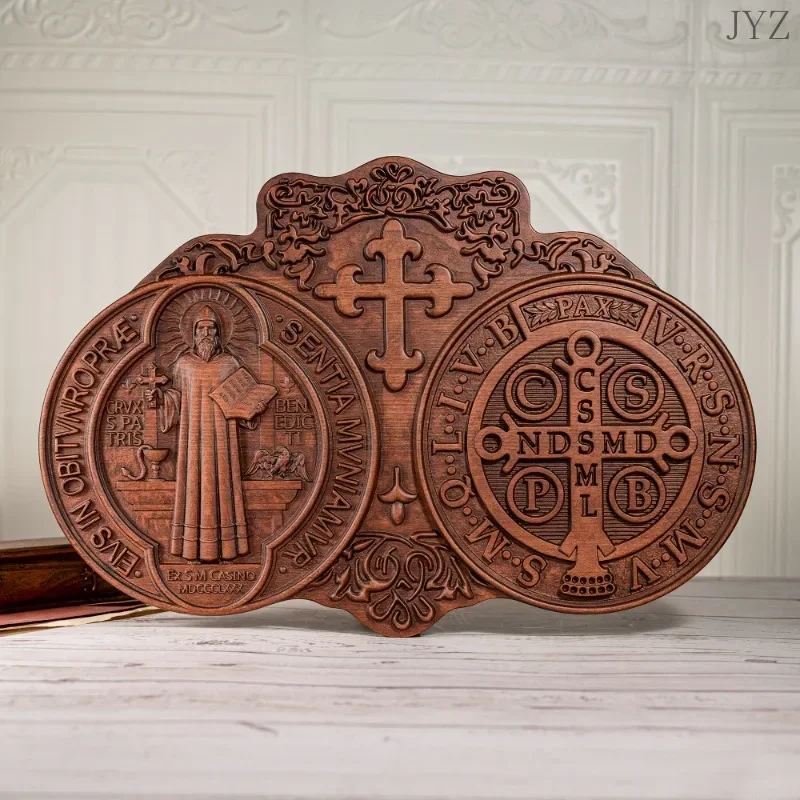 

Religious Saint Benedict Medal Exorcism Plaque Catholic Icon Church Wood Carving Wall Decor
