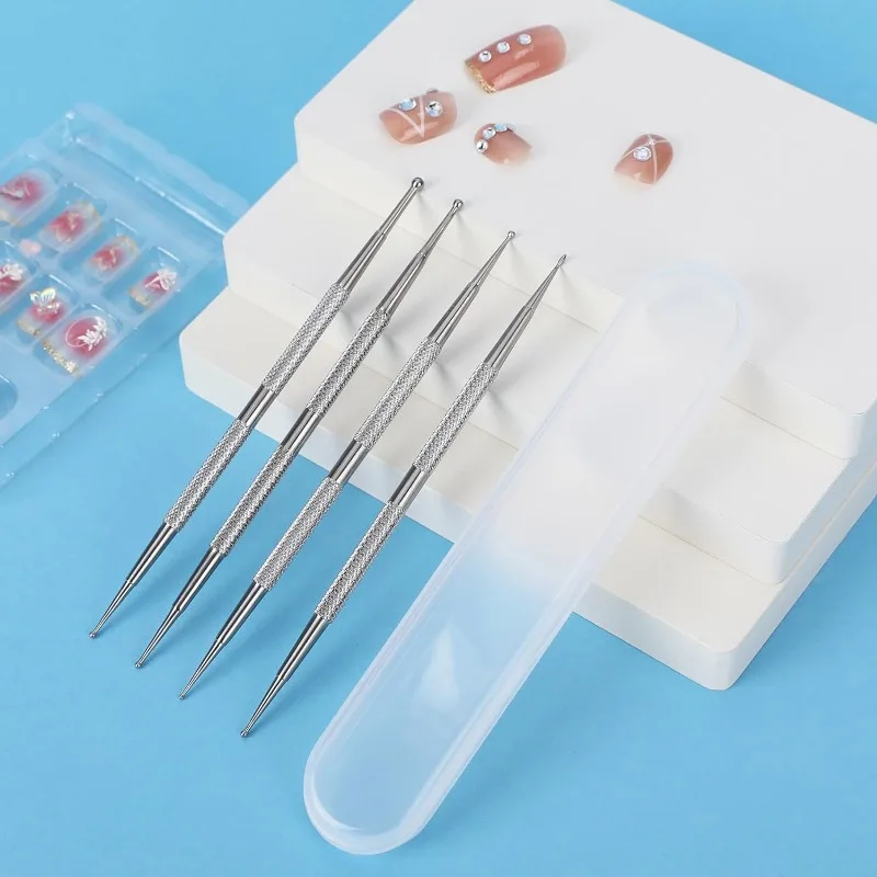 4 pz/Set Nail Art punteggiatura strumenti Stailess Steel UV Gel Liner Polish Brush doppie estremità punteggiatura disegno pittura Set di penne di cristallo