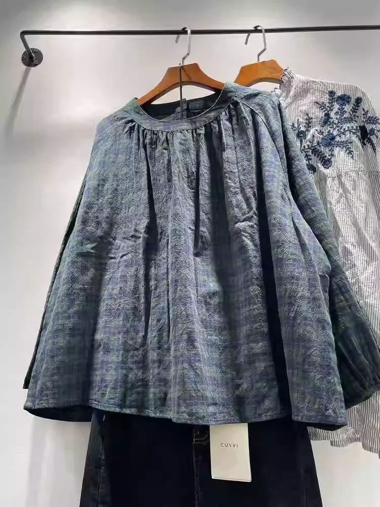 

2025 Vintage Green Women' Plaid Blouse Shirt Cotton Loose Casual Shirts Long Sleeve Large Size Tops Mori Girl Check Shirts