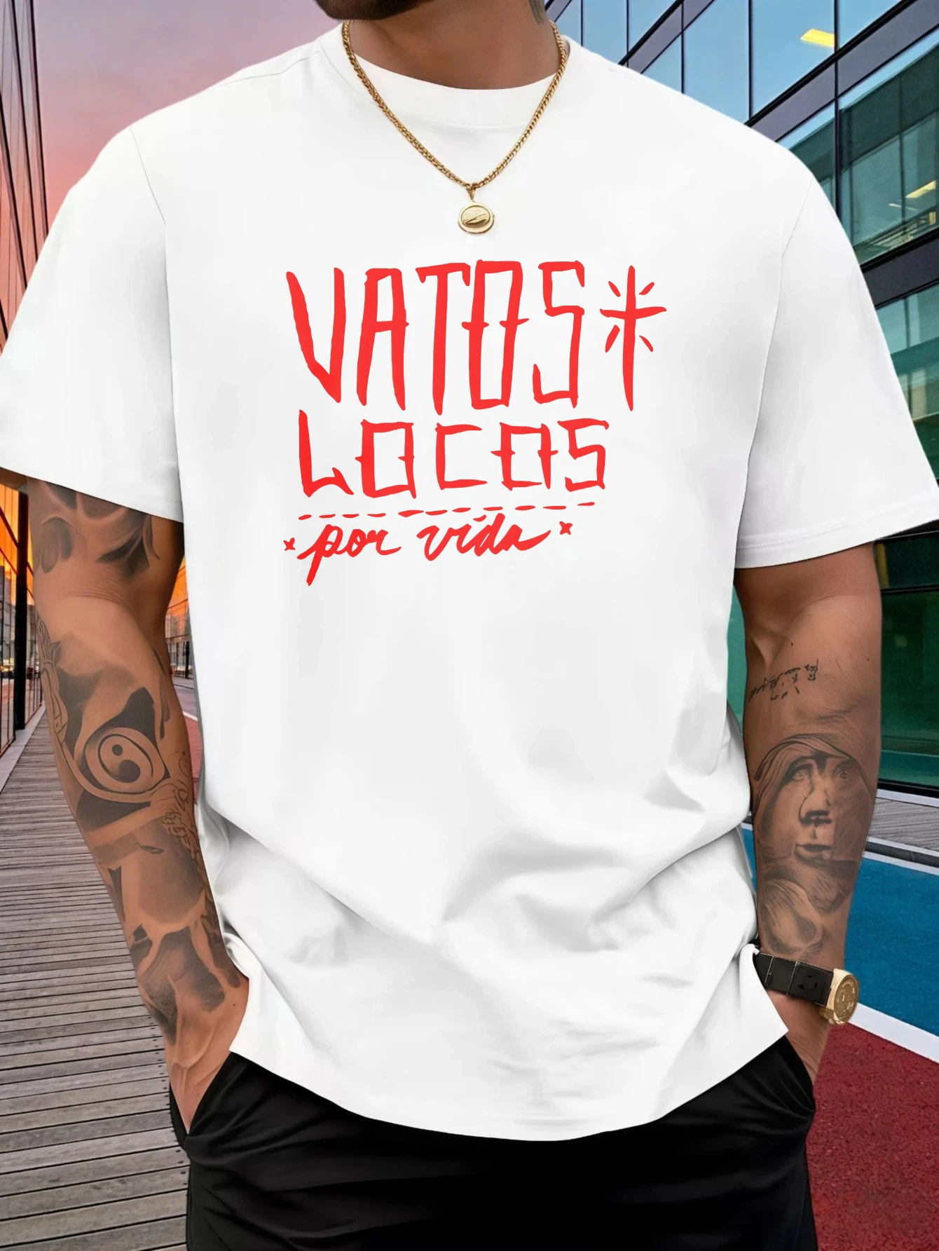 Men Crew Neck Cotton T Shirt Vatos Locos Por Vida Text Print Short Sleeve Tops Loose Street Casual Summer Tees For Young Male