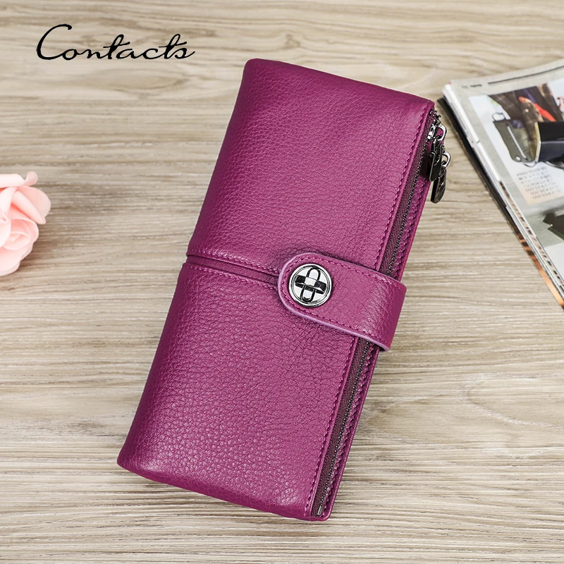 

CONTACT'S Genuine Leather AirTag Wallets for Women Bifold Long Fashion Women's Wallet RFID Card Holder Money Clip Zip Coin Purse