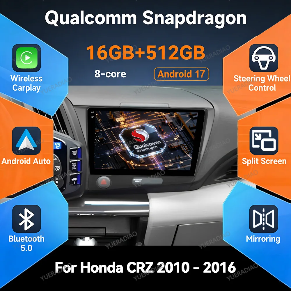 Android 17 Autoradio für Honda CRZ CR-Z 2010 - 2016 GPS NAVI 4G LTE 5G WIFI QLED 2DIN Multimedia Stereo Videoplayer Qualcomm BT