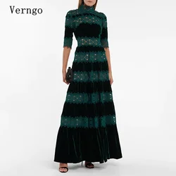 Verngo 빈티지 하이 넥 레이스와 벨벳 긴 이브닝 드레스, 반팔 포멀 여성, 야간 무도회 가운