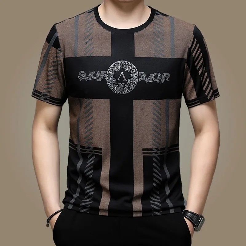 Men Oversized T Shirt Short Sleeve Mercerized Cotton Round Neck Summer Thin High-end Ice Silk Printed Casual Fashion Tops