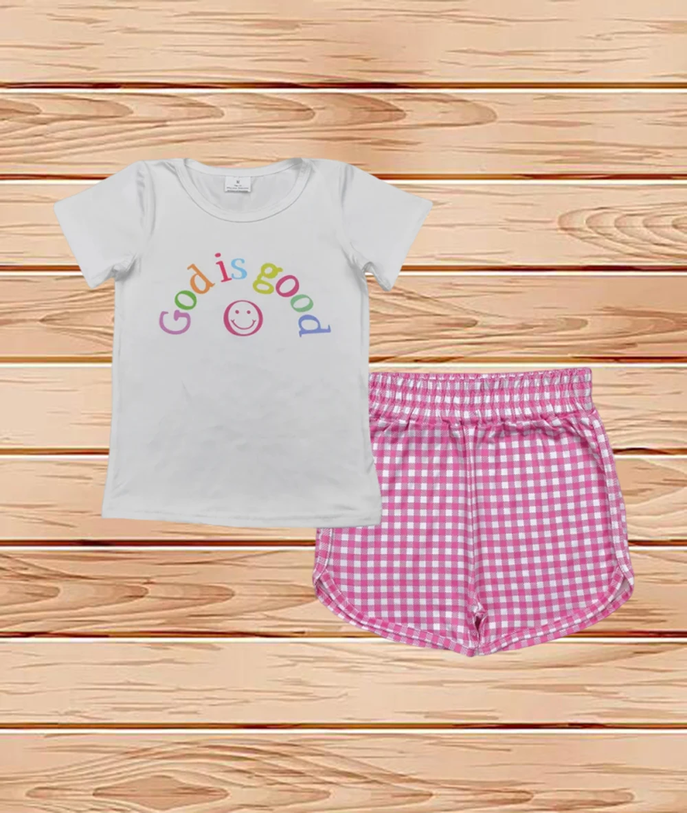 

4.18 Wholesale Western Boutique children clothing Baby Girls Letter Top Pink Plaid Shorts Sets