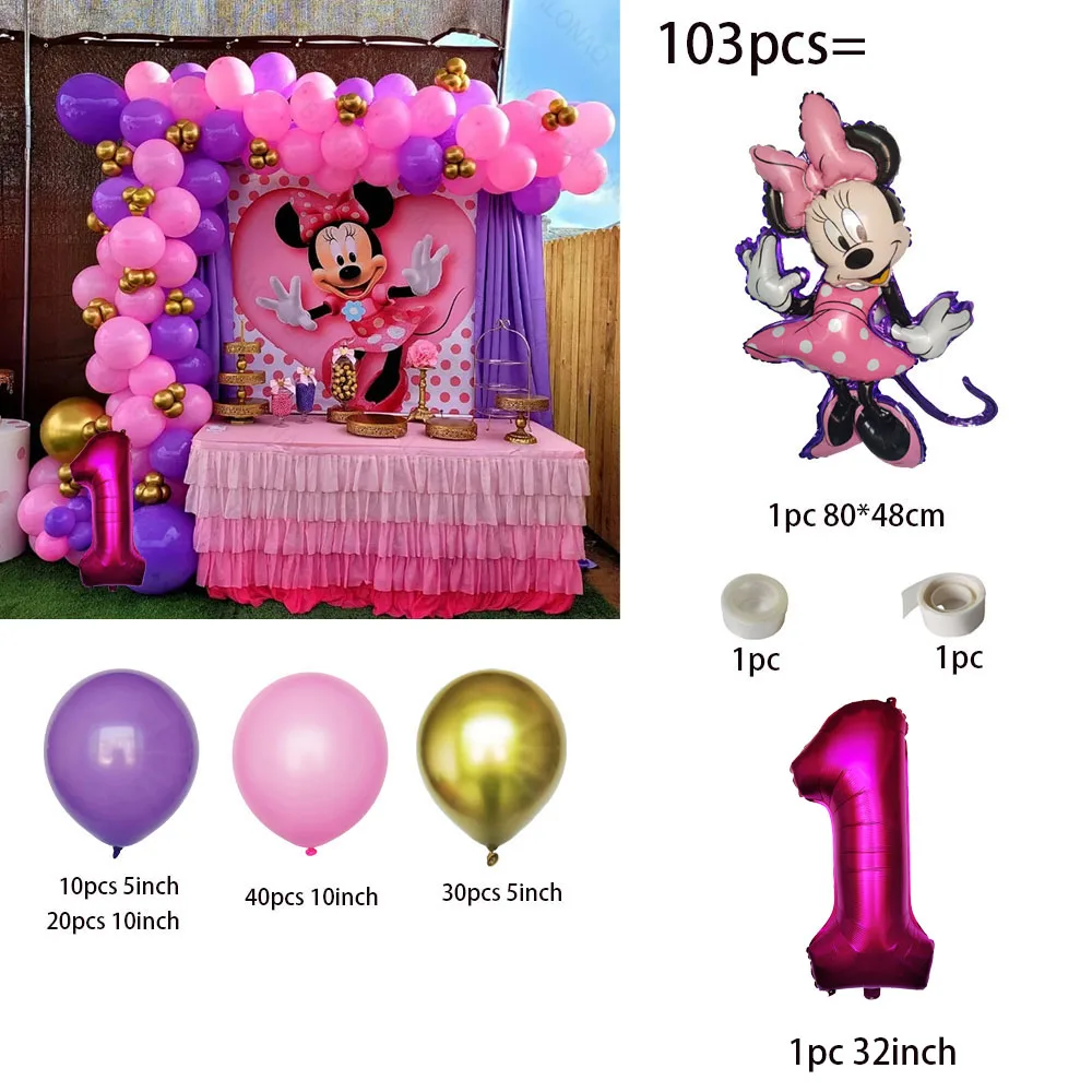 103pcs Disney Cartoon Mickey Mouse Minnie Head Baby Pink Number 1-9th Birthday Foil Balloons Arch Garland Kit Bow Gift Globos