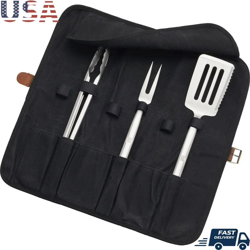 

4-Piece Stainless Steel BBQ Grill Tool Set with Spatula Tongs Fork Chef's Wrap Digital Thermometer Silicone Gloves Outdoor