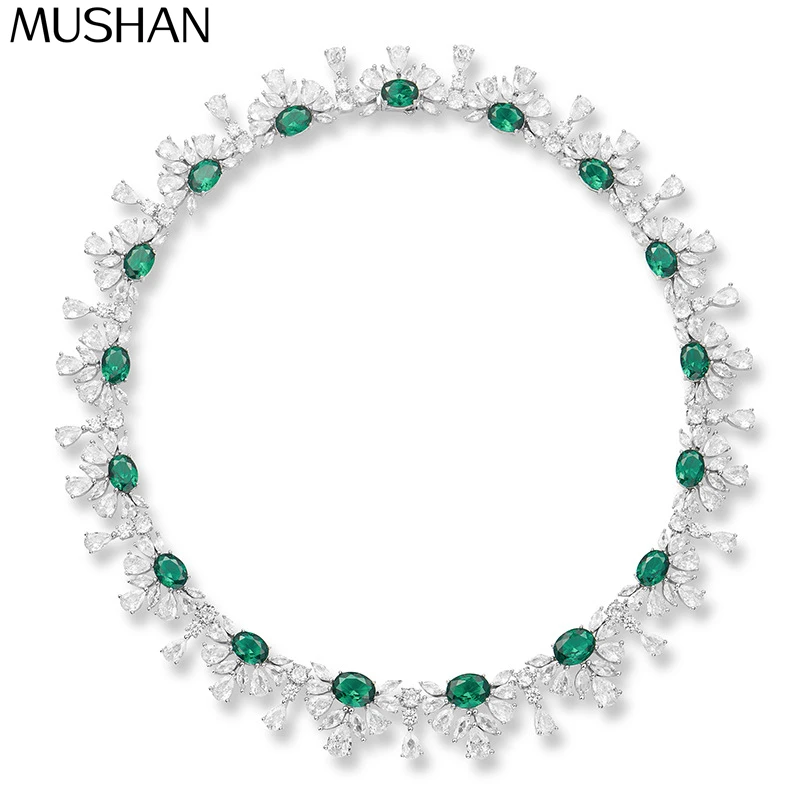 MS Luxury Jewelry Petal Necklace 925 Silver Heavy Industry Emerald Zirconium High-End Elegance Evening Collarbone Chain