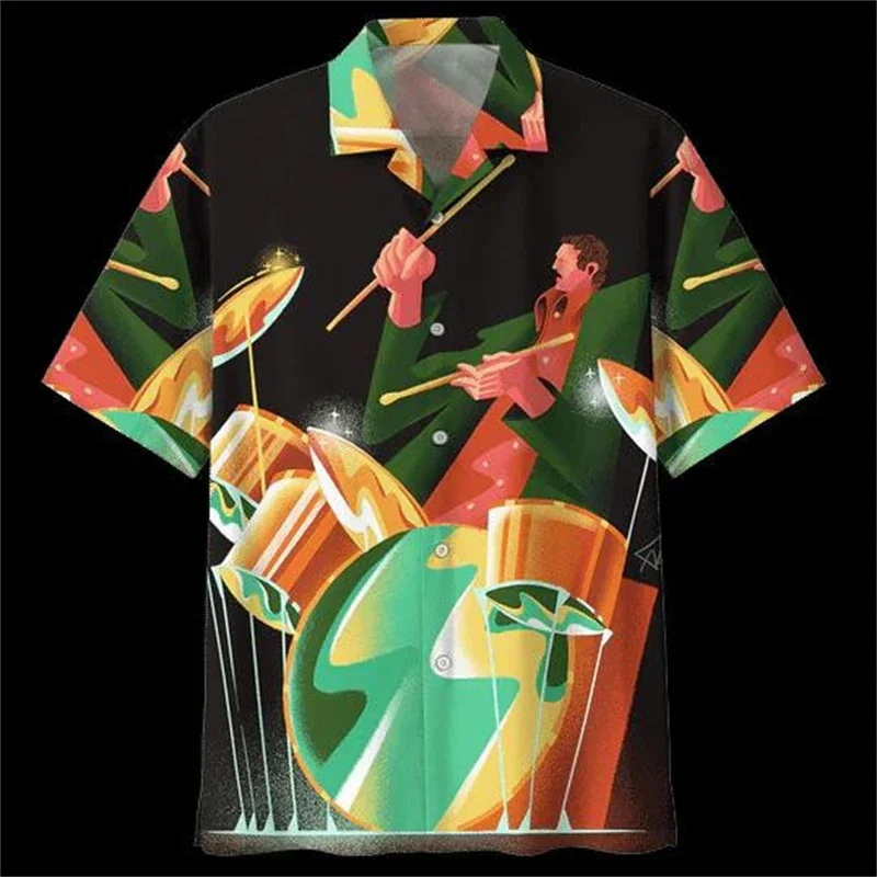 

3D Printed Drum Kit Aloha Shirt For Men Music Pattern Blouse Summer Holiday Short Sleeve Fashion Lapel Top Loose Hawaiian Shirts