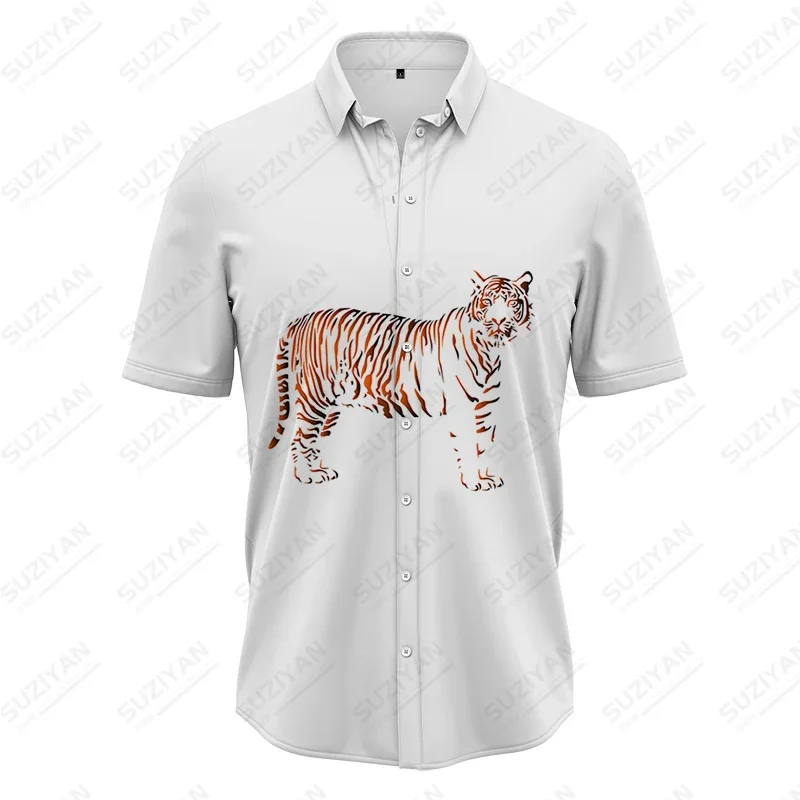 Summer New hot-selling Shirt 3D Animal Tiger Print Shirt Top Loose Casual men's Shirt Simple Lapel Button short-sleeved Shirt