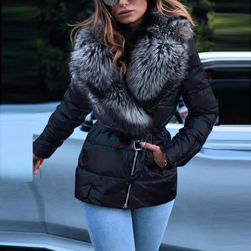 Women Solid Large Fur Collar Zipper Slim Coat Winter Fashion Lapel Bright Face Pocket Cotton Jacket Coat Ladies Warm Streetwears