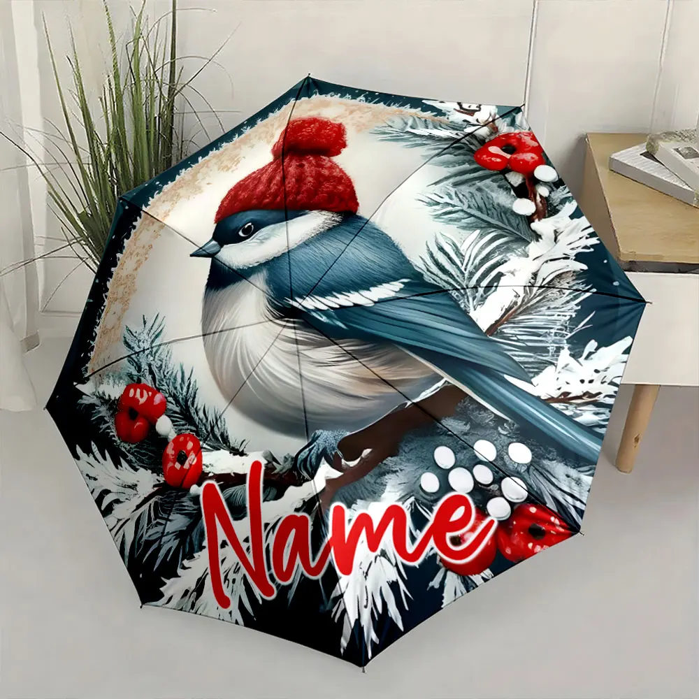 Custom Name Winter Bird Design Umbrella for Stylish Rainy Days Print 8 Iron Ribs Folding Umbrella, Auto-Open Fashion Sunshade