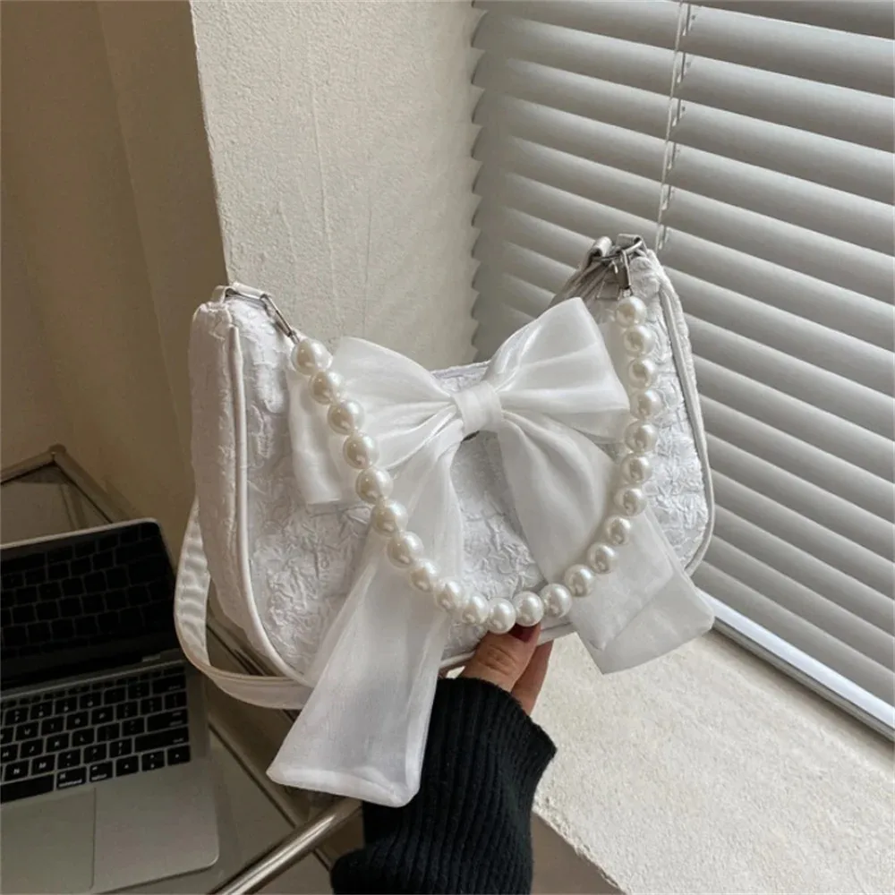 

Pearl Bow Handbag Fashion Canvas Crossbody Bags For Women 2024 Trend Shoulder Bag Phone Key Coin Storage Purses