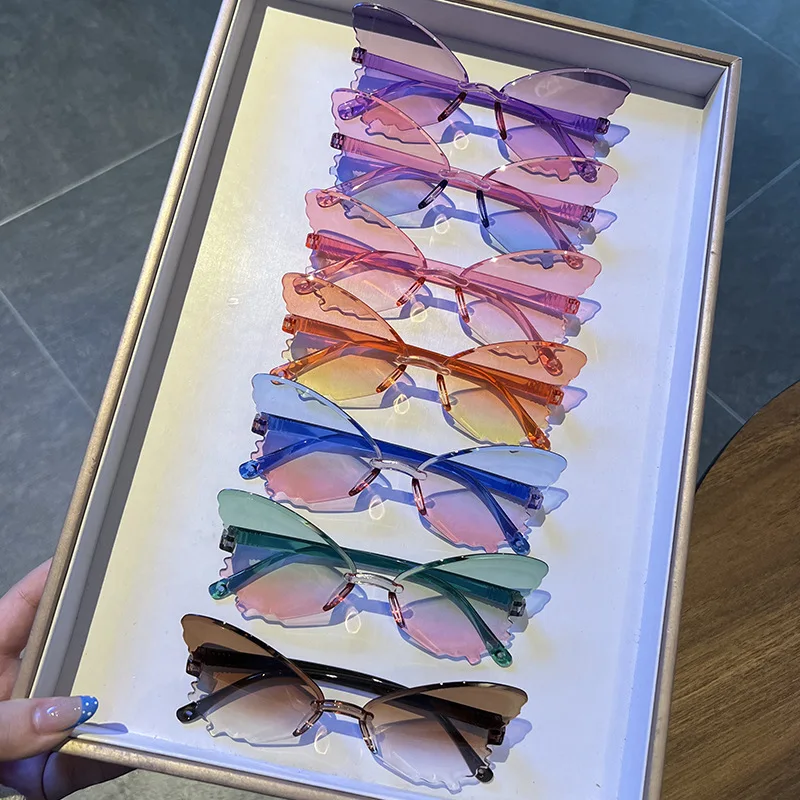 Vintage Randlose Schmetterlingsform Sonnenbrille Streetwear Damen Luxus Lustige Rosa Sonnenbrille Shades UV400 2022 Markendesigner