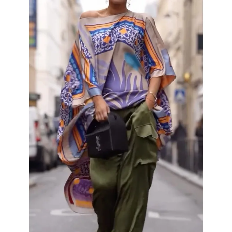 

Bohemia Women's Long Blouse 2025 Oversized One-shoulder Ethnic Print Half Sleeves Contrast Color Shirts&blouses Tops 181782